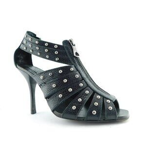 BCBG Maxazria Black Studded Leather Zipper Front Caged Open Toe Sandal Heels 6.5